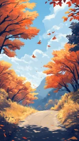 Golden autumn path curves gently toward distant blue hills