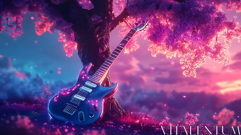 Dreamy electric guitar rests under glowing cherry blossoms