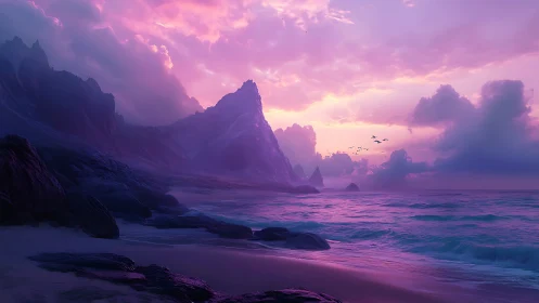 Violet twilight coast with towering cliffs and luminous surf.