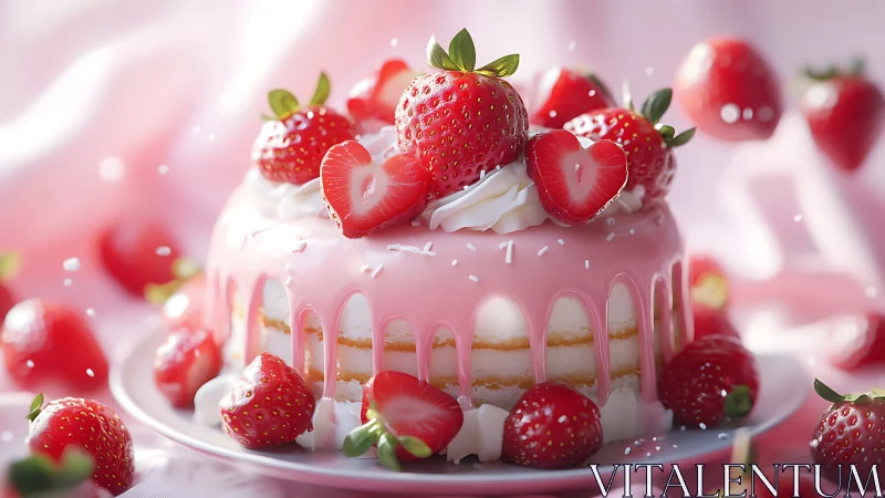 Layered Strawberry Cake with Pink Drip Glaze and Fresh Fruit Garnish