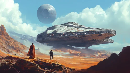 Colossal starship hovers over alien desert as travelers watch