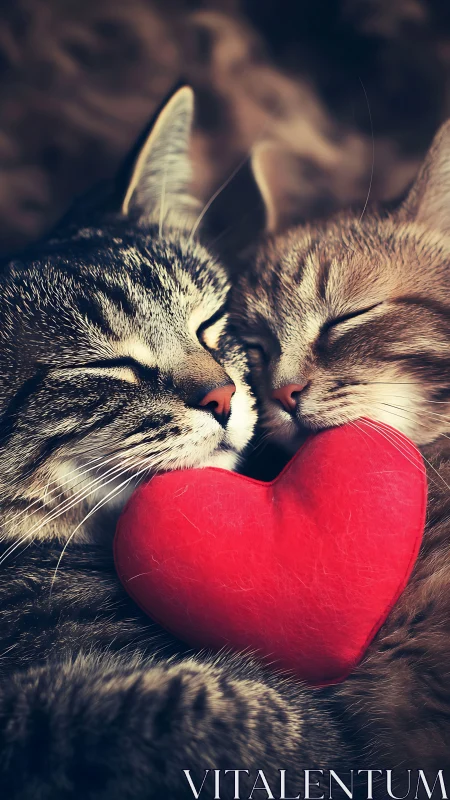 Tabby Cats with Red Heart Shape in Warm Golden Light.