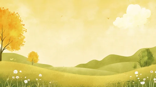 Golden minimalist landscape with yellow trees and hills.