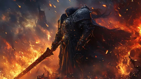 Armored dark knight dominates an infernal battlefield in flames
