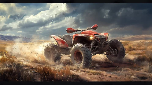 Off-road quad vehicle stressing suspension in desert storm.