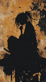 Solitary samurai silhouette meditates in grunge twilight