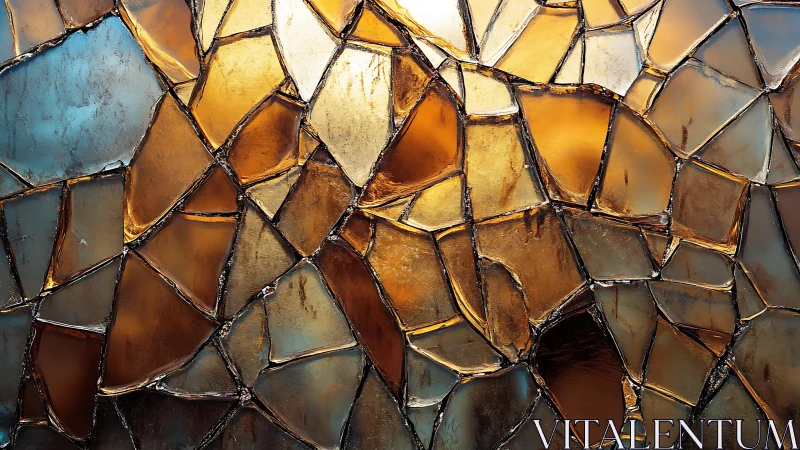 Abstract stained glass mosaic with warm amber and blue tones.