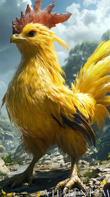 Golden Giant Rooster Stands Majestic Among Mountain Peaks