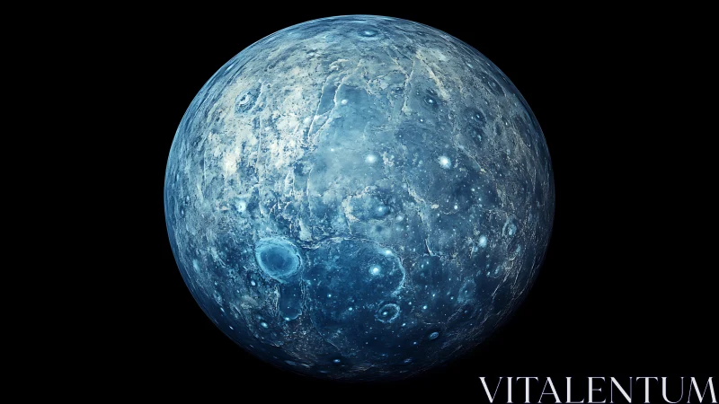 Blue icy planet with craters against deep black space.