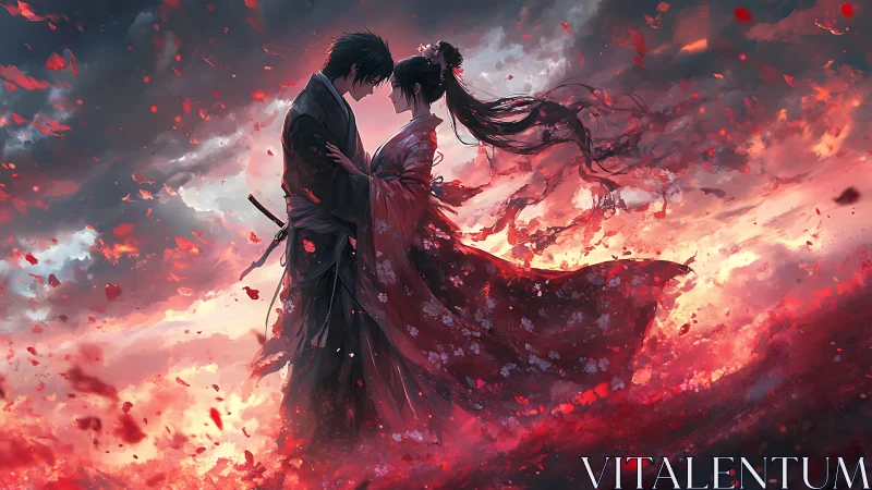 Samurai couple standing close amid red storm sky.