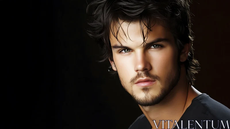 Striking young man gazes forward with intense, moody focus.