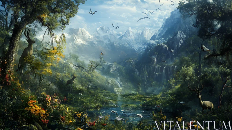 Deer stand in dense forest clearing before icy mountain range.