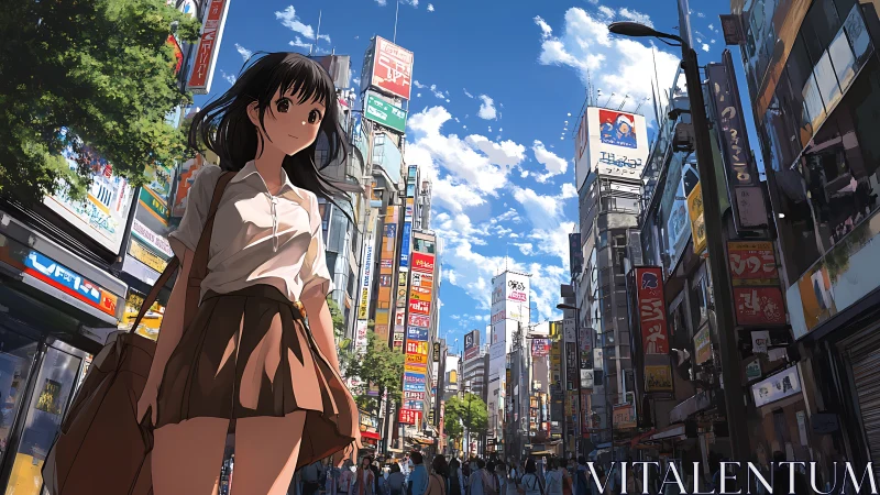 Anime street scene captures urban scale with dynamic lighting
