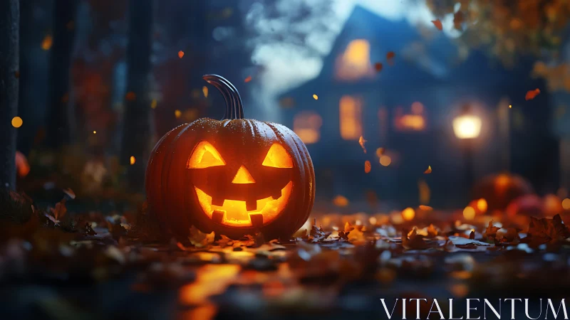 Glowing jack o lantern welcoming cozy Halloween night.