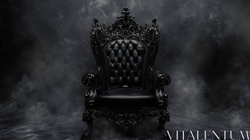 Ornate black throne chair is centered in a dark studio