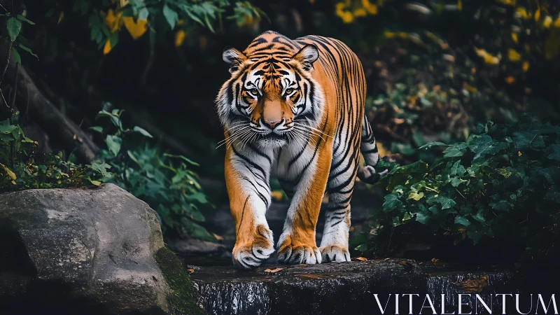 Tiger walking through dense forest toward the camera.