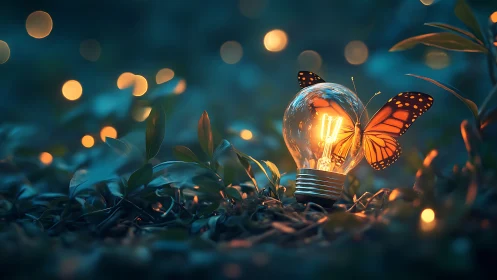 Glowing light bulb with orange butterfly in twilight meadow.