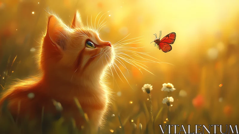 Sunlit kitten and winged wanderer share a golden pause.
