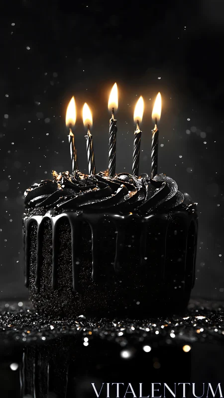 Black velvet birthday cake adorned with five glowing candles.