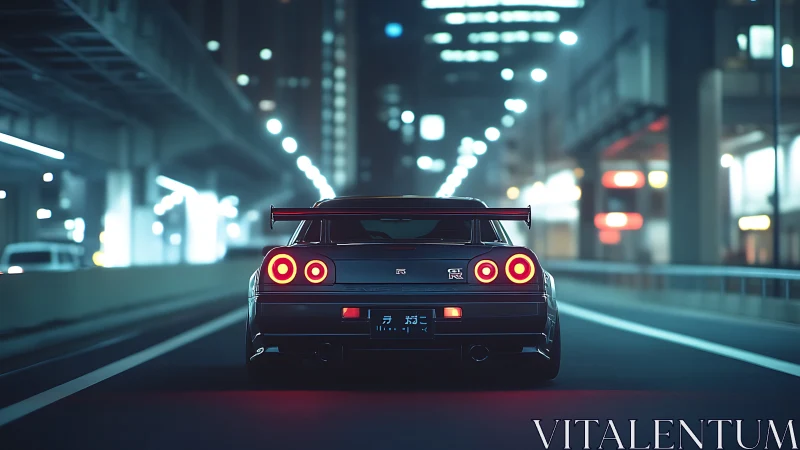 Midnight city cruise with a sleek street racer under neon.