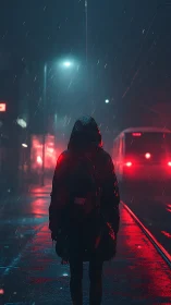 Solitary hooded figure in neon rain on empty night street.