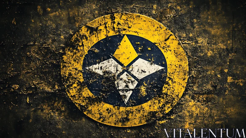Geometric emblem emerges through weathered yellow grunge.