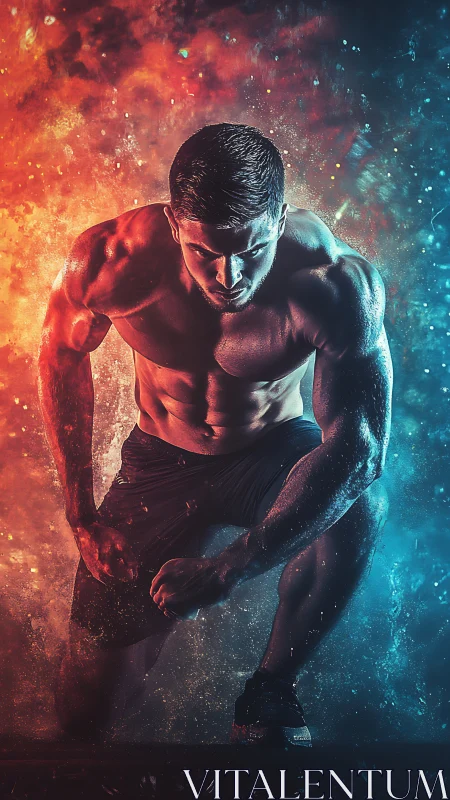 Muscular athlete kneels in dual blue and orange energy field