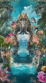 Tropical elephant gate mirroring over turquoise lagoon.