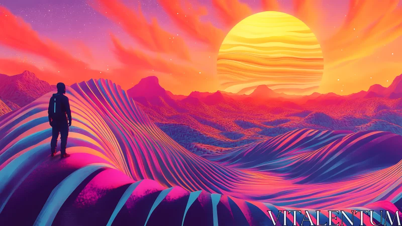 Solitary figure studies neon dunes under oversized striped sun