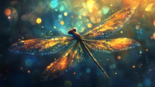 Glowing dragonfly drifting through dreamy evening light.