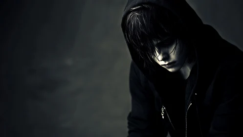 Shadowed youth in a hooded hush, wrapped in quiet storms.