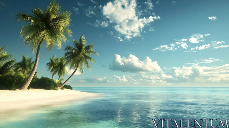 Tropical Beach with Palm Trees Rendered in Photorealistic Digital Composition