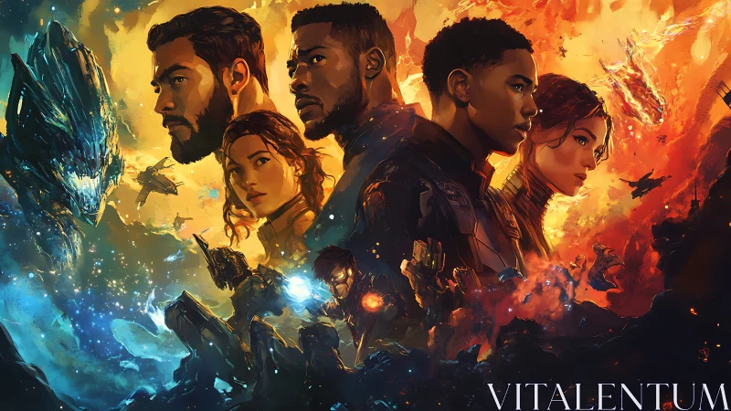 Heroic space crew stands united amid blazing cosmic war