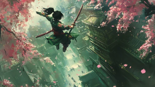 Skyward ronin somersaults through cherry blossom canyons