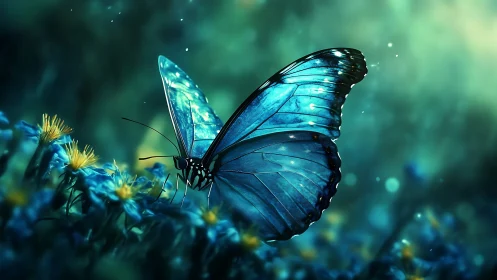 Midnight sapphire butterfly pausing in a dreamlit meadow.