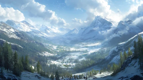 Expansive alpine valley rendered in luminous digital realism