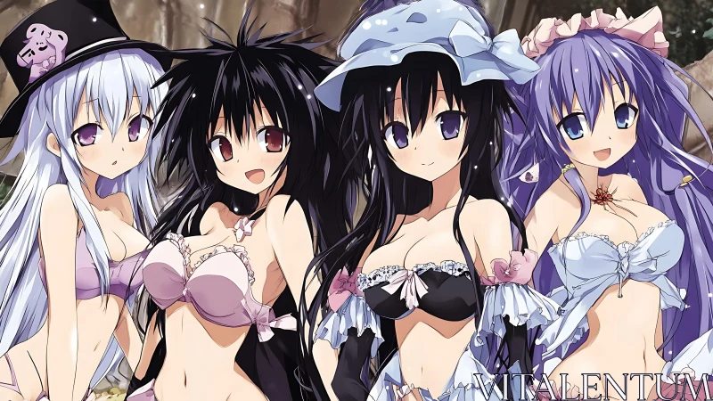 Four anime girls in frilled bikinis under soft forest light.