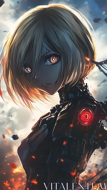 Cybernetic girl with glowing optic implants surveys burning battlefield