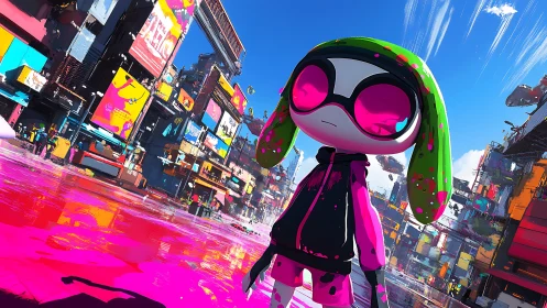 Neon ink rebel strolling a candy-slick cyber plaza.