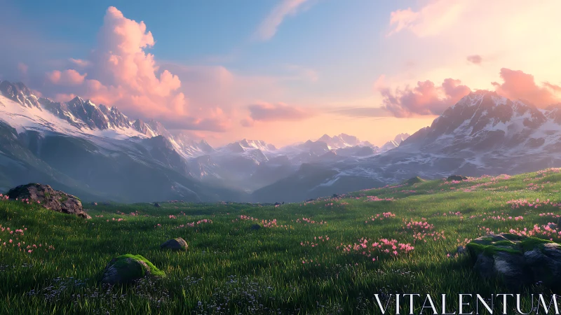 Luminous alpine valley with snow peaks and sunset clouds.