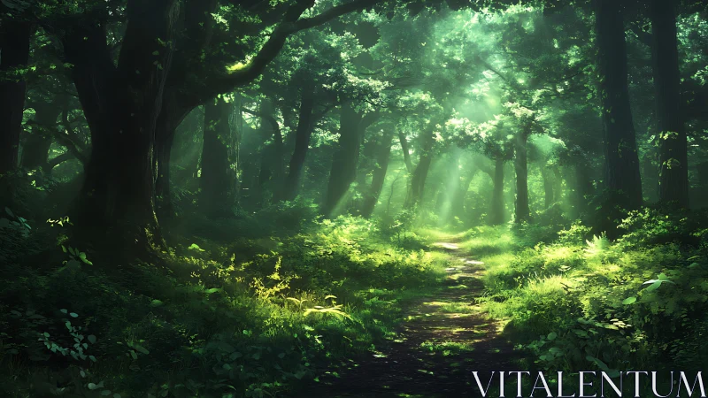 Dense coniferous forest corridor with volumetric light rays traversing layered canopy structure.