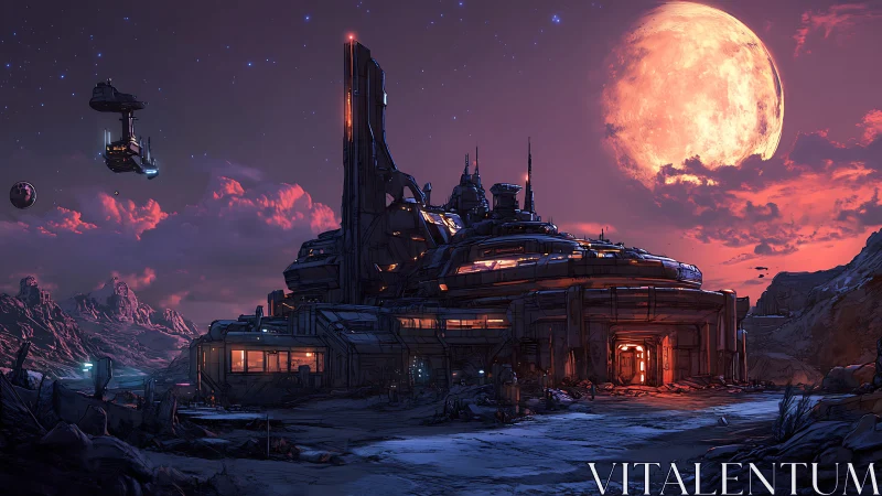 Futuristic desert outpost glows under massive red moon