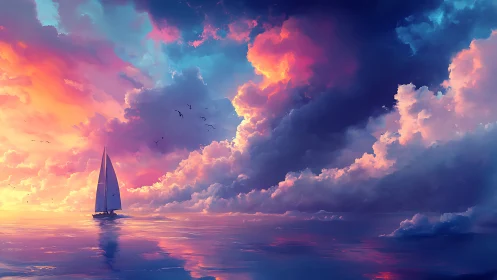 Solitary sailboat beneath luminous neon sunset clouds.