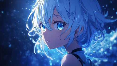 Anime portrait with luminous blue bokeh and side profile focus.