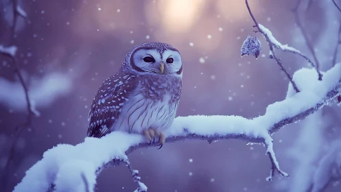 Barred owl perched on snowy branch in magical winter scene.