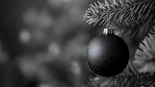Black ornament sphere hangs from frosted conifer branch