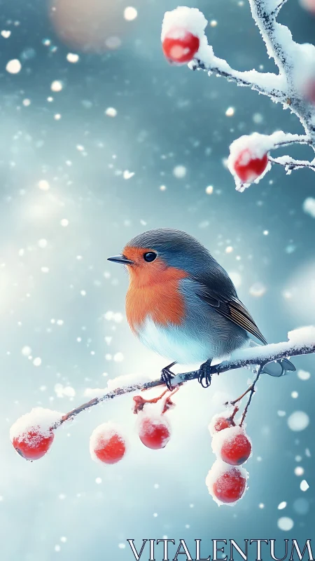 Robin on snow covered berry branch in soft winter light.