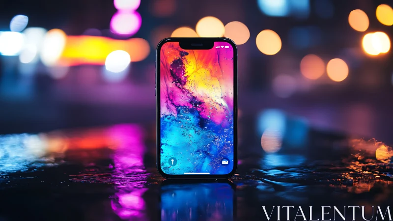 Neon-soaked smartphone stands like a tiny portal at midnight