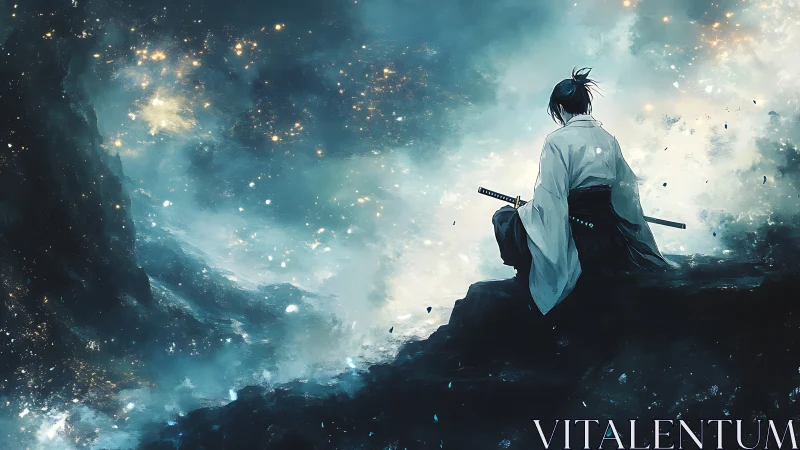 Lone samurai contemplates a cosmic storm of swirling stars.