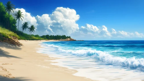 Tropical shoreline with palm trees, surf, and cloud formations.